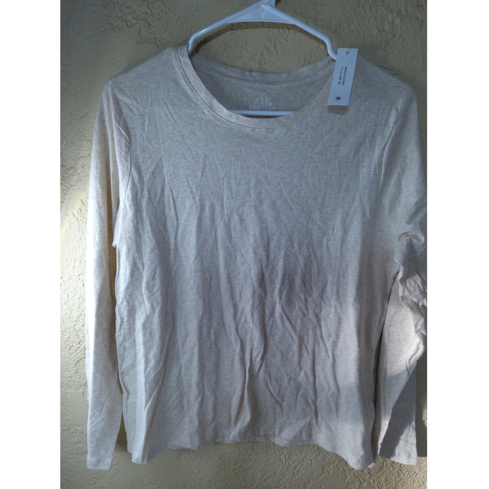 Time and Tru Womens Oatmeal Heather Beige Long Sleeve Core Tee Crew Neck Size M